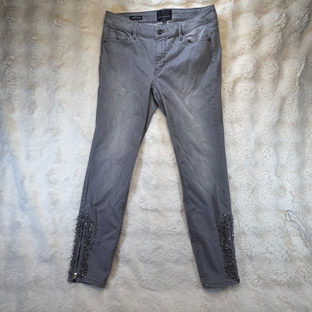White House Black Market Grey Mid Rise Skinny Ankle Embellished Zipper Jeans 10